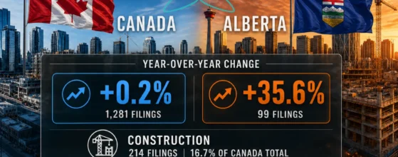 Chart comparing business insolvency filings in Alberta and Canada, second quarter 2026, showing Alberta up 35.6% year over year while the national twelve-month figure fell 9.7%.
