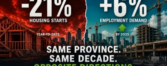 Alberta construction market 2026: residential housing starts down 21% versus non-residential employment demand up 6%