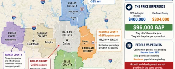 DFW population growth map showing Collin County gaining 42,966 residents while Dallas County declines and building permits shift toward Ellis County