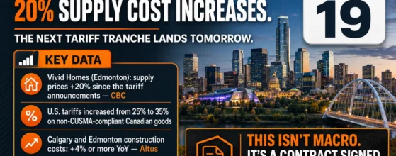 Alberta construction costs by scope in 2026 showing structural steel, plumbing and MEP increases from tariffs
