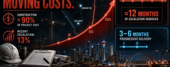 Fixed-price procurement in Alberta: federal PDB procurement cut from 14-18 months to 3-6 months, removing about 12 months of escalation; construction is 90% of project cost