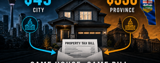 Calgary 2026 property tax increase: $49 city portion versus $338 provincial portion on a typical home, $387 total