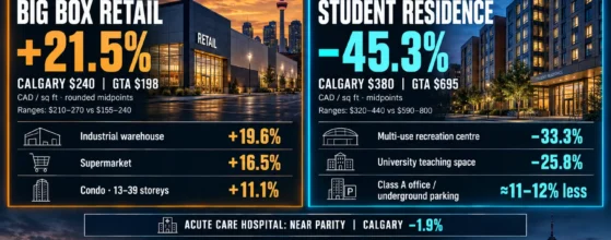 Calgary construction costs compared to Greater Toronto in 2026: big box retail 21.5% higher, student residence 45.3% lower