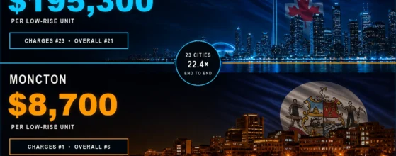 Development charges by city in Canada: municipal fees on a low-rise unit, $195,300 in Toronto against $8,700 in Moncton, a $186,600 gap across 23 benchmarked municipalities.