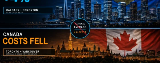 Comparison of 2026 office fit-out cost trends in EMEA and the Americas, showing Alberta construction costs rising while Toronto and Vancouver decline