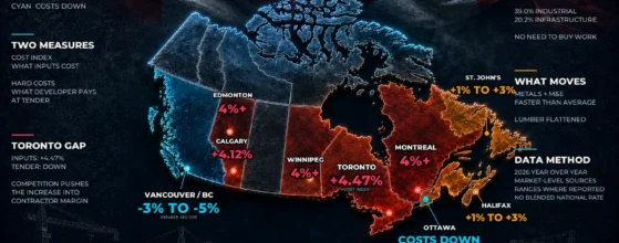 Alberta construction costs compared across Canadian markets in 2026, from Calgary at +4.12% to BC private sector at -3% to -5%