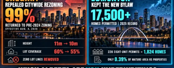 Calgary and Edmonton skylines split by an Alberta zoning map, illustrating 2026 zoning policy divergence