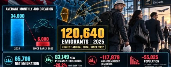 Infographic showing Canada's 2025-26 hiring slowdown, record emigration, and the Alberta construction talent shortage risk