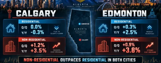 Calgary vs Edmonton construction costs Q1 2026 — infographic comparing residential and non-residential year-over-year price index change