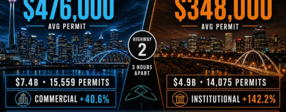 Split infographic comparing Calgary and Edmonton 2025 building permits: $476,000 versus $348,000 average permit value