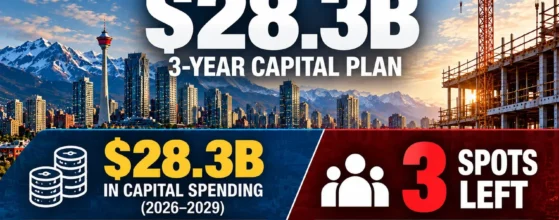 Alberta capital plan infographic: $28.3B in capital spending 2026-2029 ($8.7B in 2026-27, about $9.8B in 2027-28 and 2028-29) and only 3 priority-sector nomination spots left in 2026
