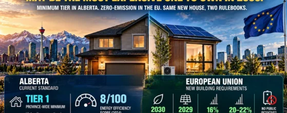 Alberta energy code vs EU infographic: Alberta Tier 1 minimum and 8/100 efficiency score versus EU zero-emission new buildings by 2030, solar by 2029, and retrofit costs of $20,000 to $120,000+ per house