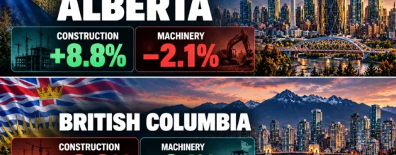 Alberta capital investment 2026 infographic: construction +8.8% and machinery -2.1% in Alberta versus construction -0.2% and machinery +3.1% in British Columbia