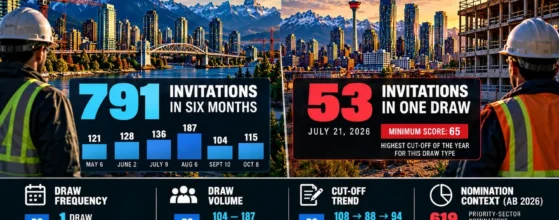 Construction immigration draws 2026 infographic: British Columbia 791 construction-trades invitations from May to October versus Alberta 53 invitations in the July 21 draw with a minimum score of 65