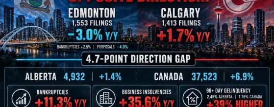Calgary vs Edmonton insolvencies Q2 2026 infographic: Edmonton 1,553 filings down 3.0%, Calgary 1,413 up 1.7%, Alberta bankruptcies up 11.3% and business insolvencies up 35.6%
