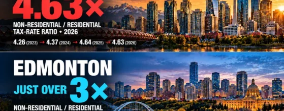 Non-residential tax ratio 2026 infographic: Calgary 4.63 times the residential rate (4.26 in 2023, 4.37 in 2024, 4.64 in 2025) versus Edmonton just over 3 times