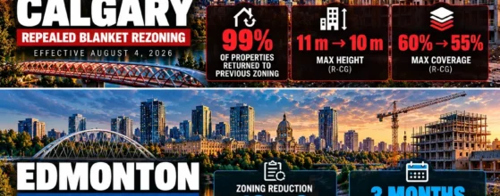 Calgary rezoning repeal infographic: 99% of properties returned to previous zoning, R-CG height 11 m to 10 m and coverage 60% to 55%; Edmonton, which cut residential zones from 16 to 6, ordered to reverse by January 8, 2027