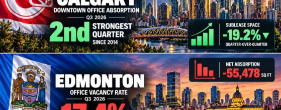 Office vacancy Q3 2026 infographic: Calgary second-strongest downtown office absorption quarter since 2014 with sublease space down 19.2%, Edmonton office vacancy 17.4% and net absorption -55,478 sq ft