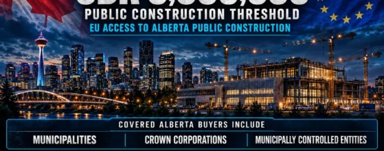 CETA public procurement infographic: SDR 5,000,000 threshold gives EU suppliers access to Alberta public construction contracts by municipalities, Crown corporations and municipally controlled entities